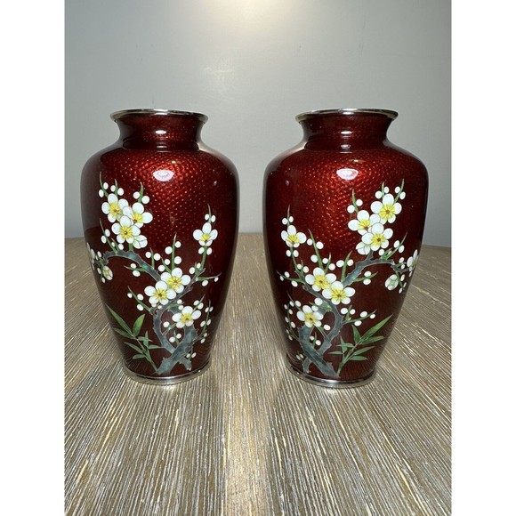 Pair VTG/Antique Japanese Cloisonné Ginbari Vases - Red, Plum Branches Blossoms - Picture 1 of 10
